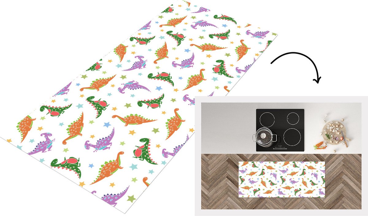 KitchenYeah Keukenloper - Loper keuken - Dino - Patronen - Sterren - 120x50 cm - Keukenloper vinyl Multicolor