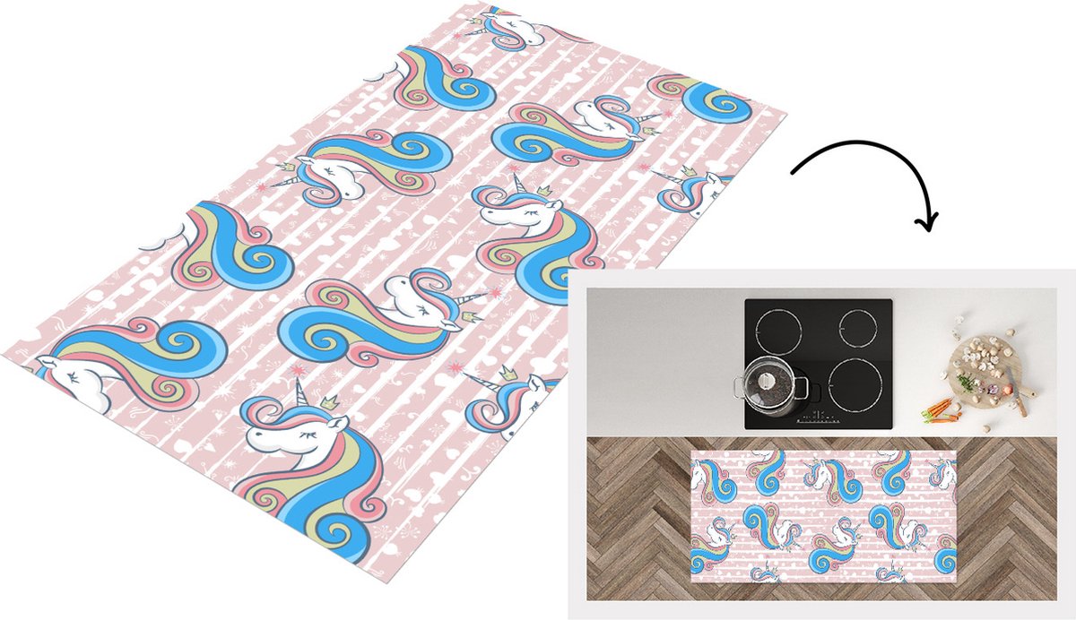 KitchenYeah Keukenloper - Loper keuken - Unicorn - Patronen - Roze - 120x60 cm - Keukenloper vinyl Multicolor