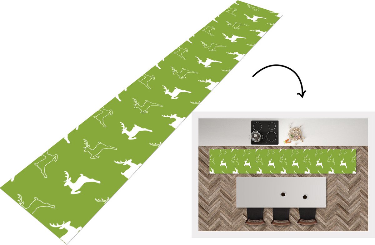 KitchenYeah Keukenloper - Loper keuken - Hert - Groen - Patronen - 300x50 cm - Keukenloper vinyl Multicolor