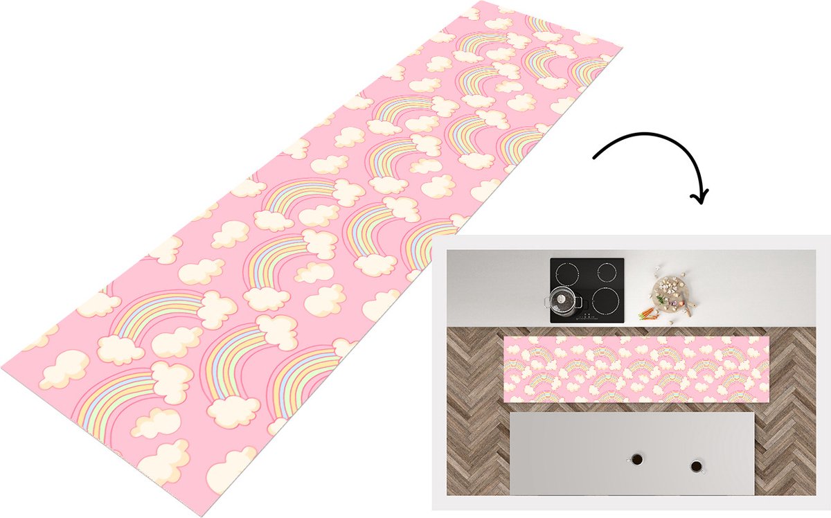 KitchenYeah Keukenloper - Loper keuken - Regenboog - Wolken - Patronen - 200x50 cm - Keukenloper vinyl Multicolor