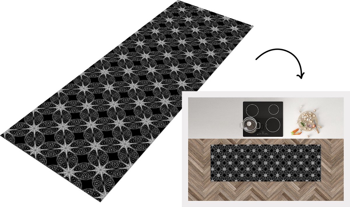 KitchenYeah Keukenloper - Loper keuken - Kompas - Patronen - Zwart Wit - 150x50 cm - Keukenloper vinyl Zwart; Wit