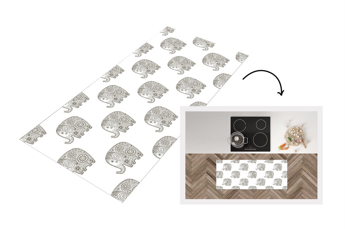KitchenYeah Keukenloper - Loper keuken - Doodle - Olifant - Design - 120x50 cm - Keukenloper vinyl Multicolor