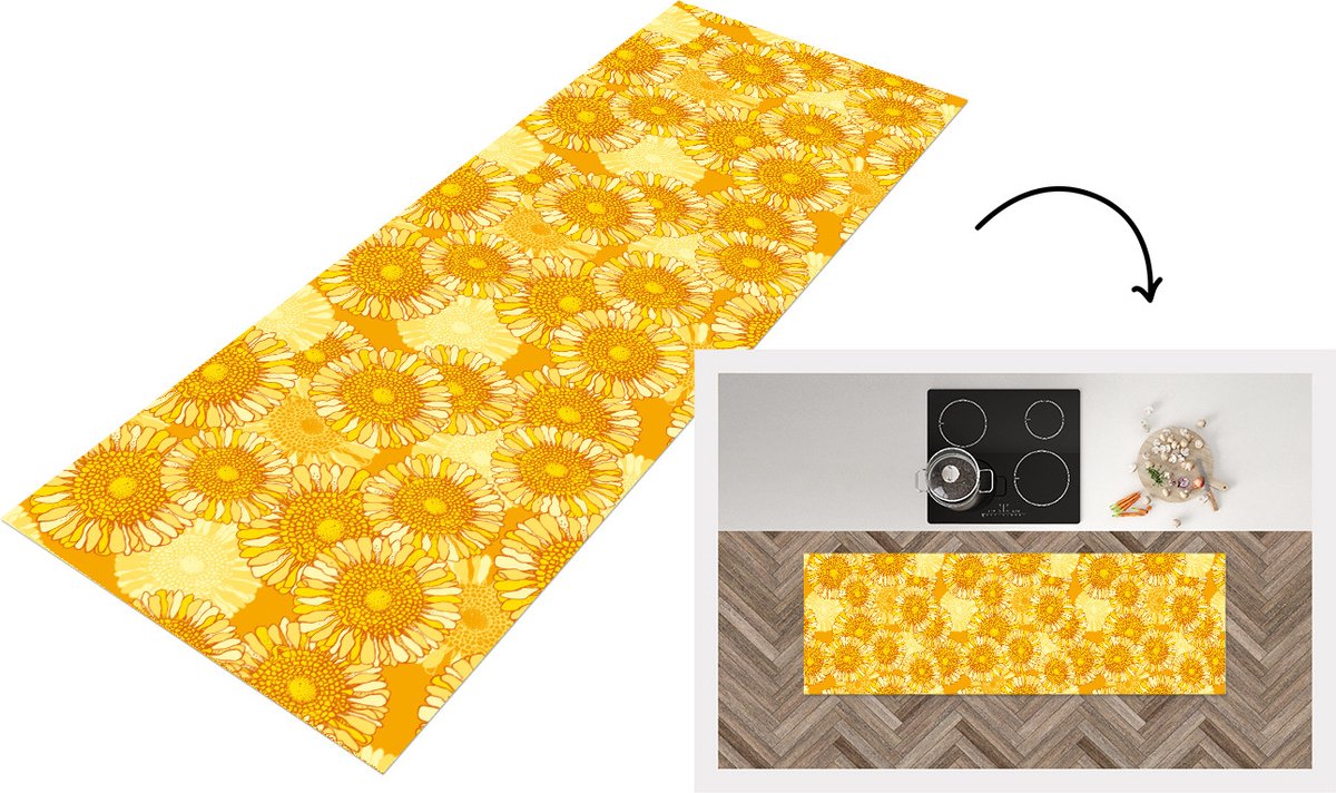 KitchenYeah Keukenloper - Loper keuken - Zonnebloem - Zomer - Patronen - Bloemen - 150x50 cm - Keukenloper vinyl Multicolor