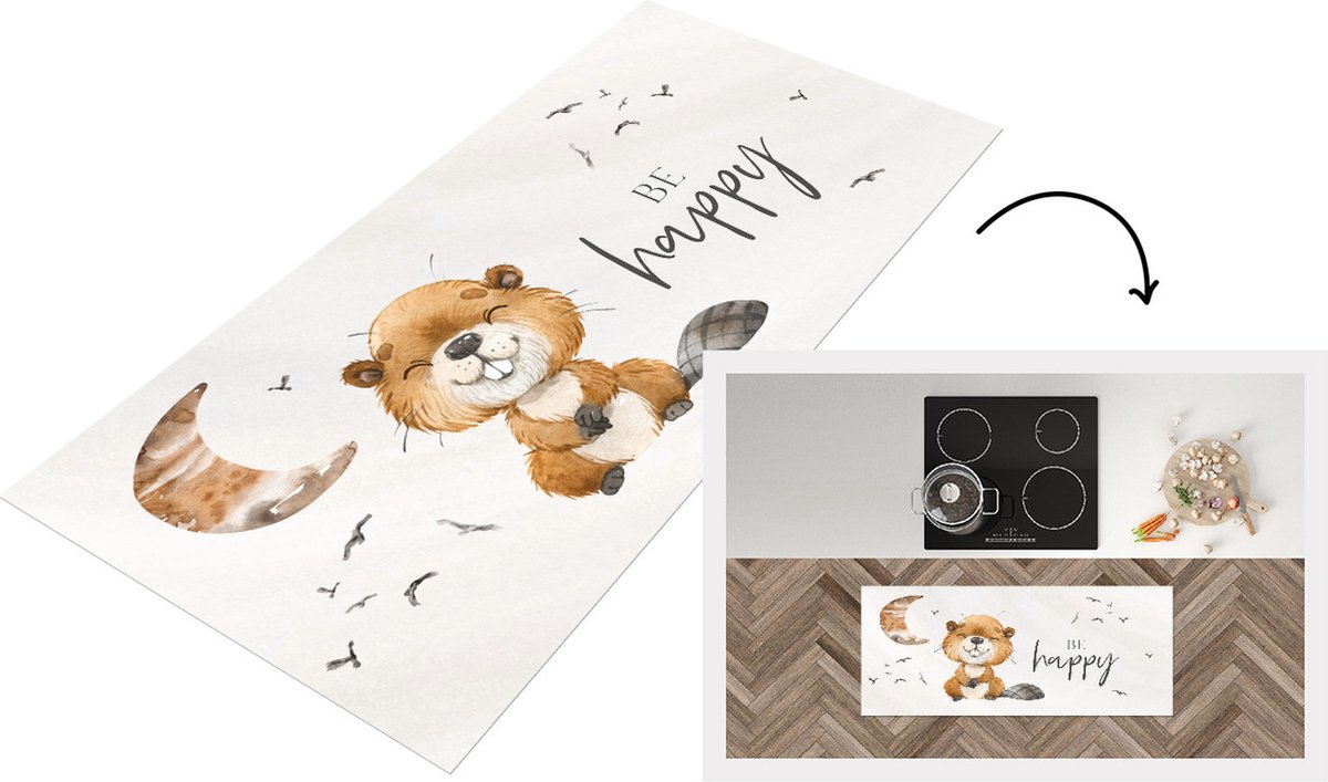KitchenYeah Keukenloper - Loper keuken - Spreuken - Be happy - Quotes - Kinderen - 120x50 cm - Keukenloper vinyl Multicolor
