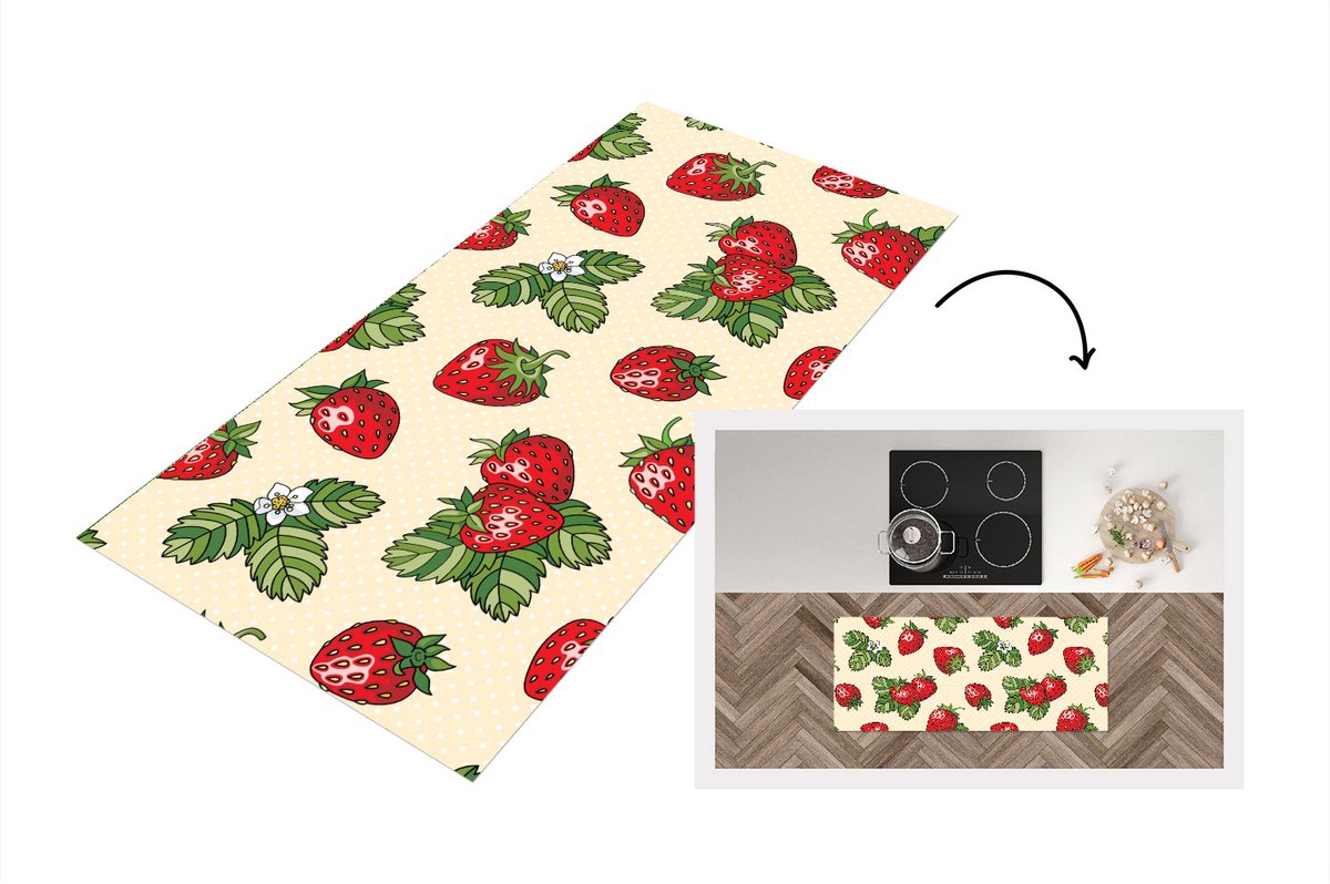 KitchenYeah Keukenloper - Loper keuken - Aardbeien - Fruit - Patronen - 120x50 cm - Keukenloper vinyl Multicolor