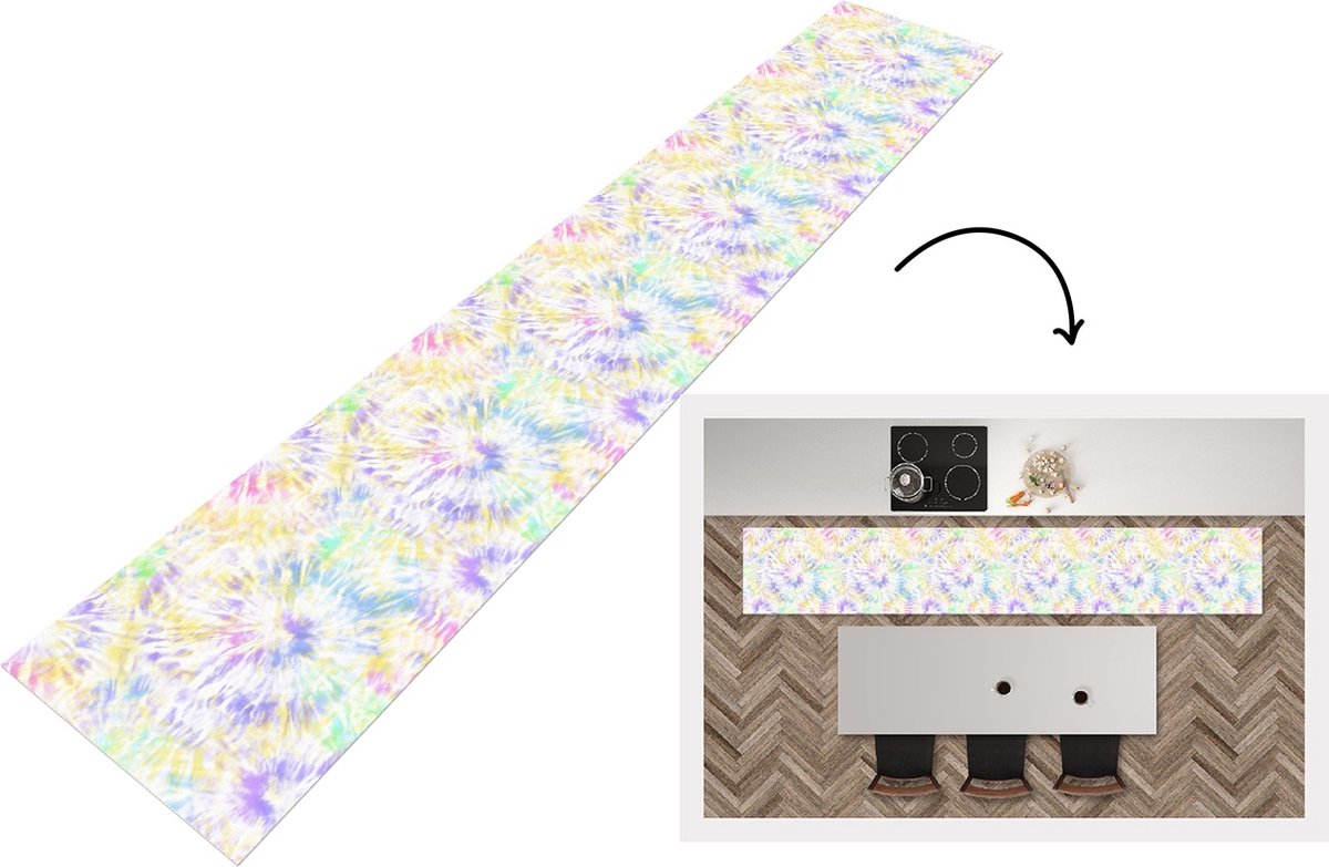 KitchenYeah Keukenloper - Loper keuken - Zomer - Patronen - Regenboog - Tie dye - 300x50 cm - Keukenloper vinyl Multicolor