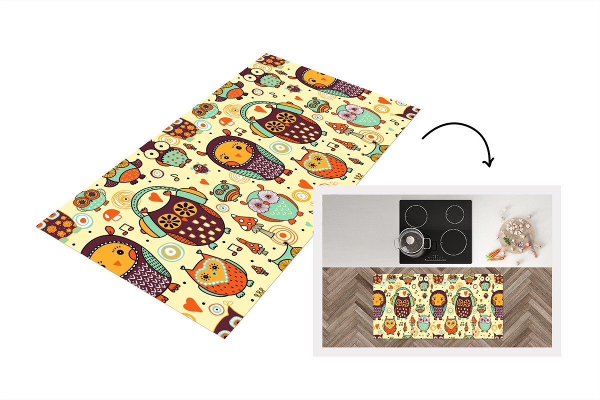 KitchenYeah Keukenloper - Loper keuken - Uil - Koptelefoon - Patroon - 120x60 cm - Keukenloper vinyl Multicolor