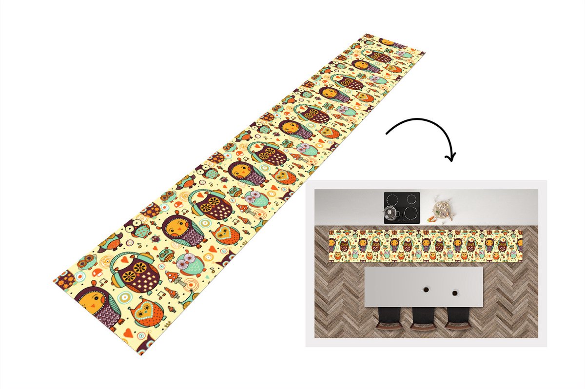 KitchenYeah Keukenloper - Loper keuken - Uil - Koptelefoon - Patroon - 300x50 cm - Keukenloper vinyl Multicolor