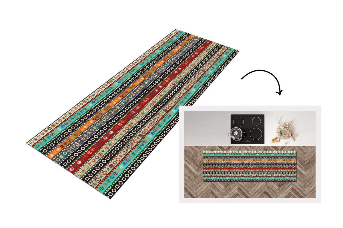 KitchenYeah Keukenloper - Loper keuken - Patroon - Azteken - Symbolen - Regenboog - 150x50 cm - Keukenloper vinyl Multicolor