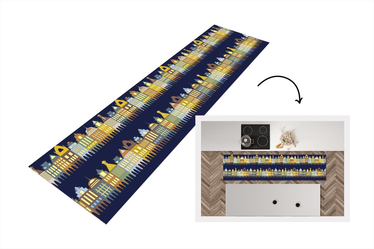 KitchenYeah Keukenloper - Loper keuken - Patronen - Huizen - Gebouw - 240x60 cm - Keukenloper vinyl Multicolor