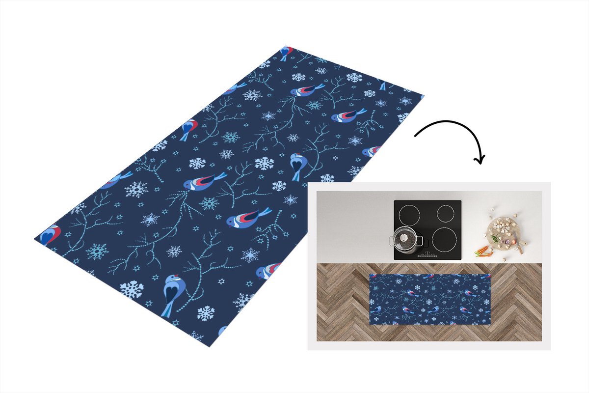 KitchenYeah Keukenloper - Loper keuken - Vogel - Sneeuwvlok - Winter - Patronen - 120x50 cm - Keukenloper vinyl Multicolor