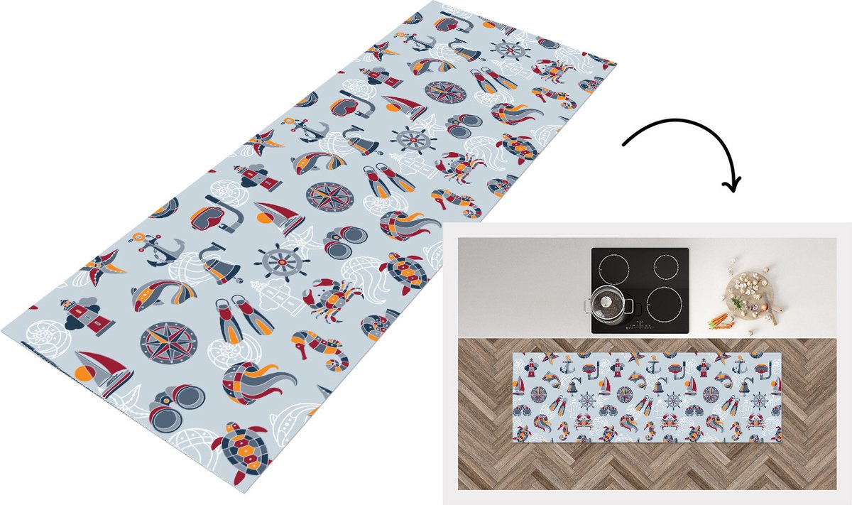 KitchenYeah Keukenloper - Loper keuken - Zee - Dieren - Patronen - Kinderen - Marine - 150x50 cm - Keukenloper vinyl Multicolor