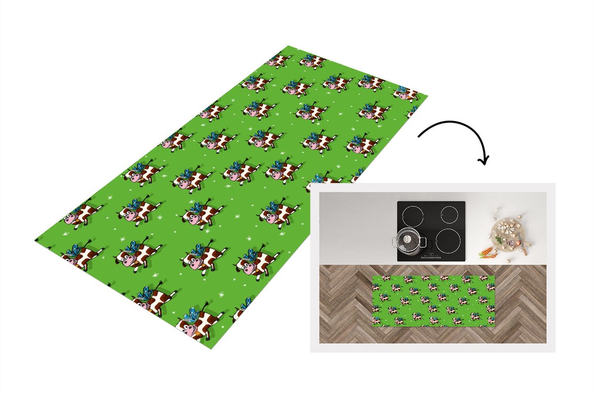 KitchenYeah Keukenloper - Loper keuken - Koe - Vleugels - Patronen - Kind - 120x50 cm - Keukenloper vinyl Multicolor