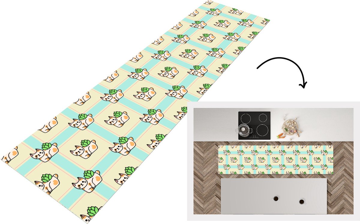 KitchenYeah Keukenloper - Loper keuken - Katten - Planten - Pastel - Kind - Patroon - 200x50 cm - Keukenloper vinyl Multicolor