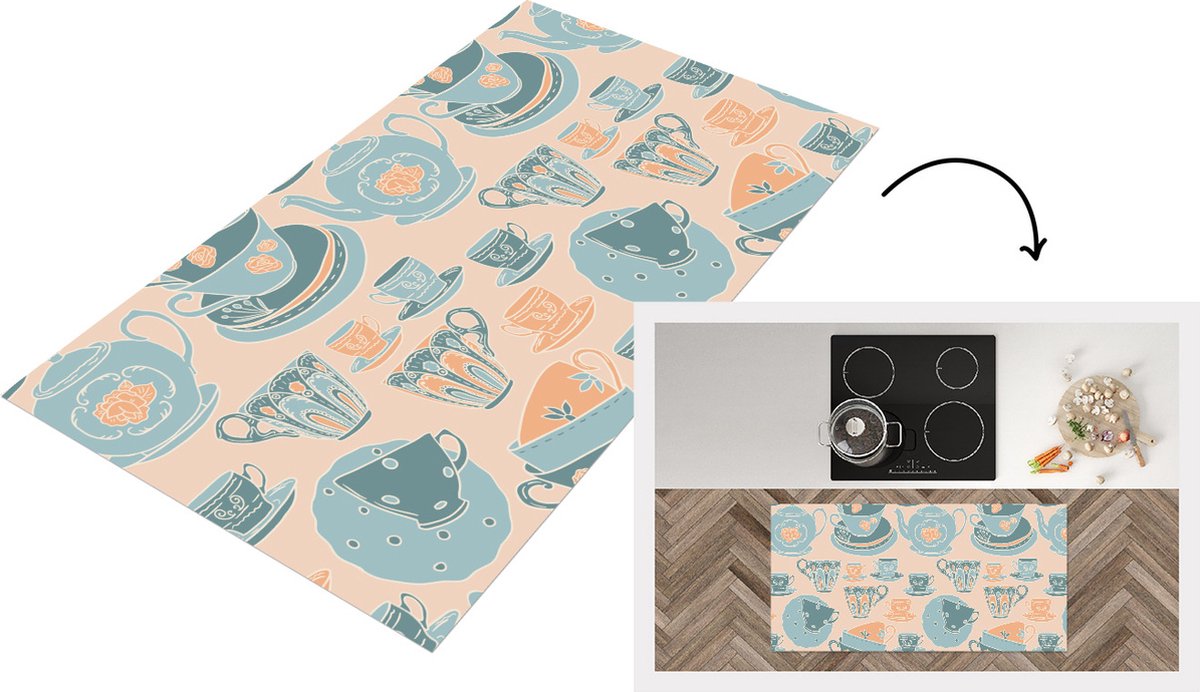 KitchenYeah Keukenloper - Loper keuken - Patronen - Vintage - Kopje - Thee - 120x60 cm - Keukenloper vinyl Multicolor