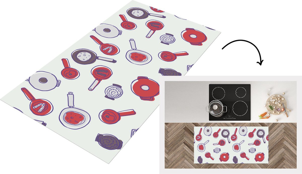 KitchenYeah Keukenloper - Loper keuken - Patroon - Koken - Pan - Eten - 120x60 cm - Keukenloper vinyl Multicolor