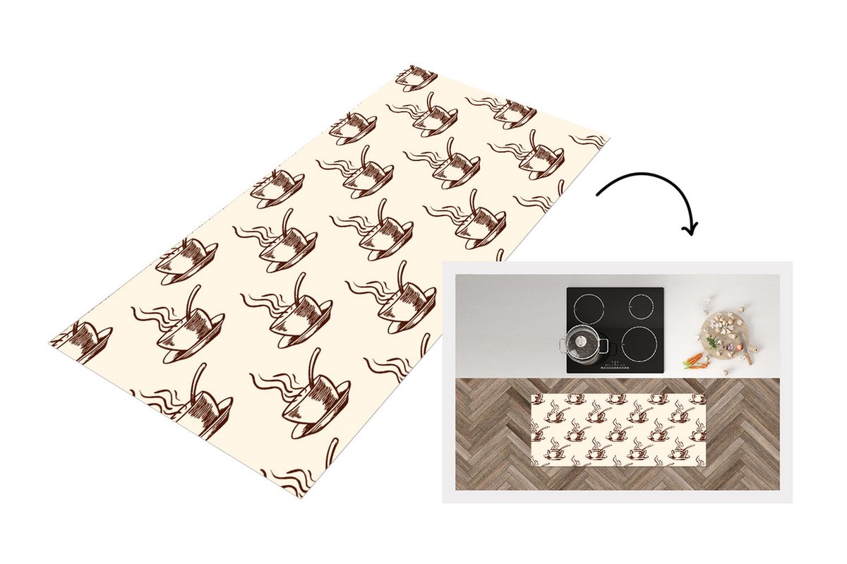 KitchenYeah Keukenloper - Loper keuken - Patronen - Vintage - Koffie - 120x50 cm - Keukenloper vinyl Multicolor