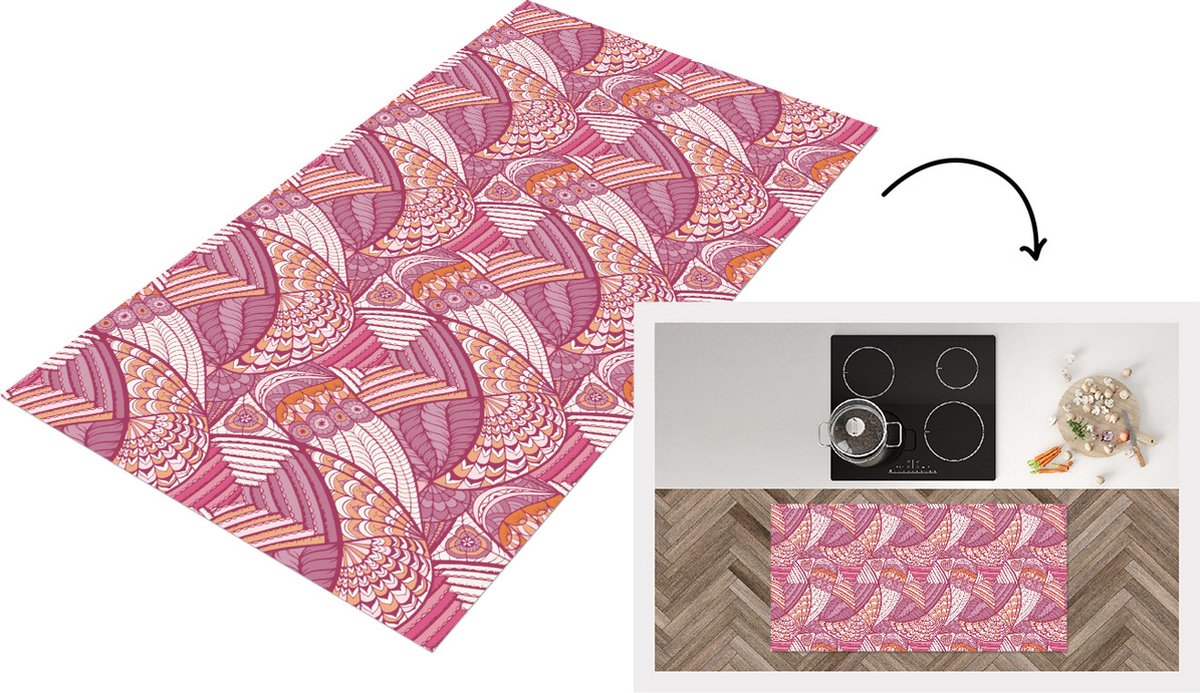 KitchenYeah Keukenloper - Loper keuken - Meiden - Veren - Roze - Patronen - 120x60 cm - Keukenloper vinyl Multicolor