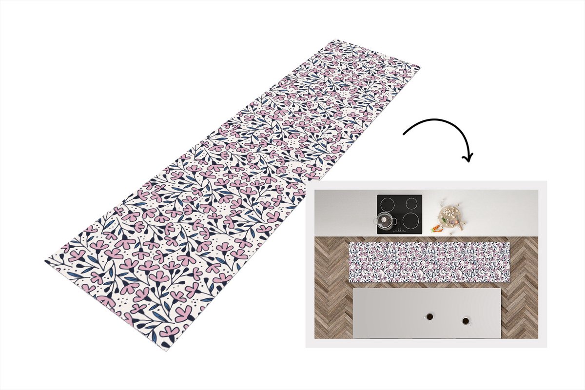 KitchenYeah Keukenloper - Loper keuken - Meiden - Bloemen - Roze - Patronen - 200x50 cm - Keukenloper vinyl Multicolor