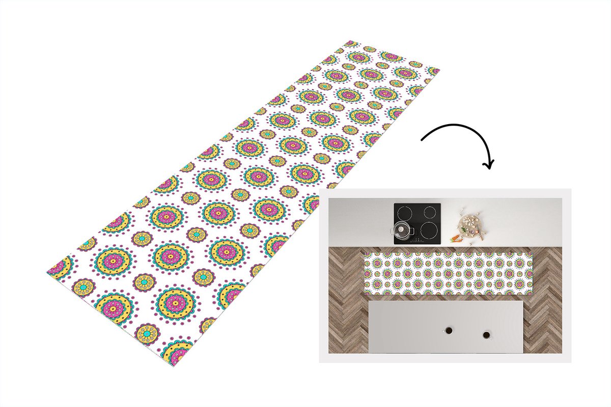 KitchenYeah Keukenloper - Loper keuken - Meisjes - Bloemen - Mandala - Patronen - 240x60 cm - Keukenloper vinyl Multicolor