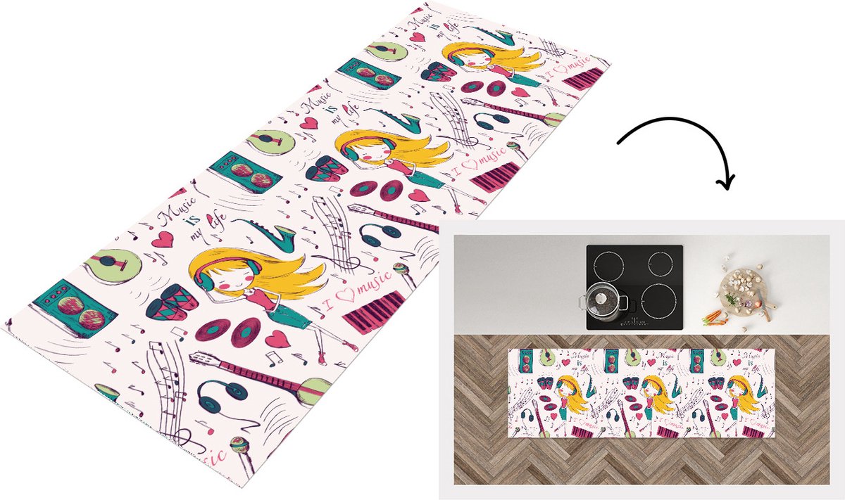 KitchenYeah Keukenloper - Loper keuken - Meiden - Muziek - Koptelefoon - Patronen - 150x50 cm - Keukenloper vinyl Multicolor