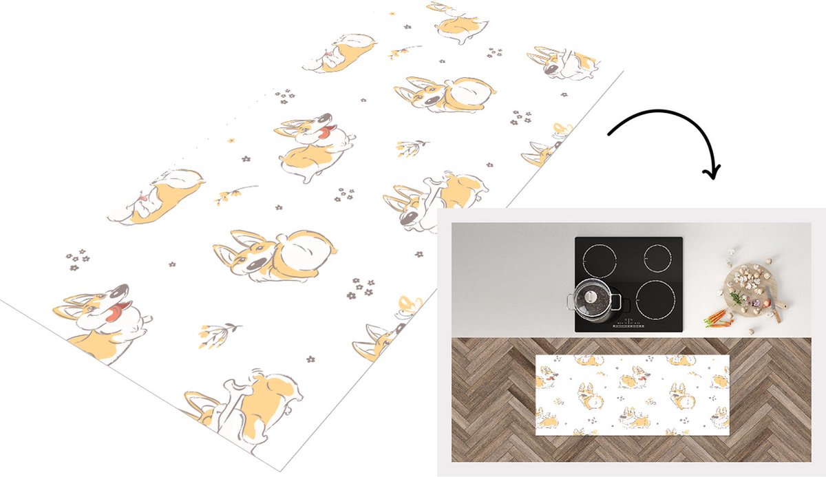 KitchenYeah Keukenloper - Loper keuken - Patroon - Corgi - Hond - 120x50 cm - Keukenloper vinyl Multicolor