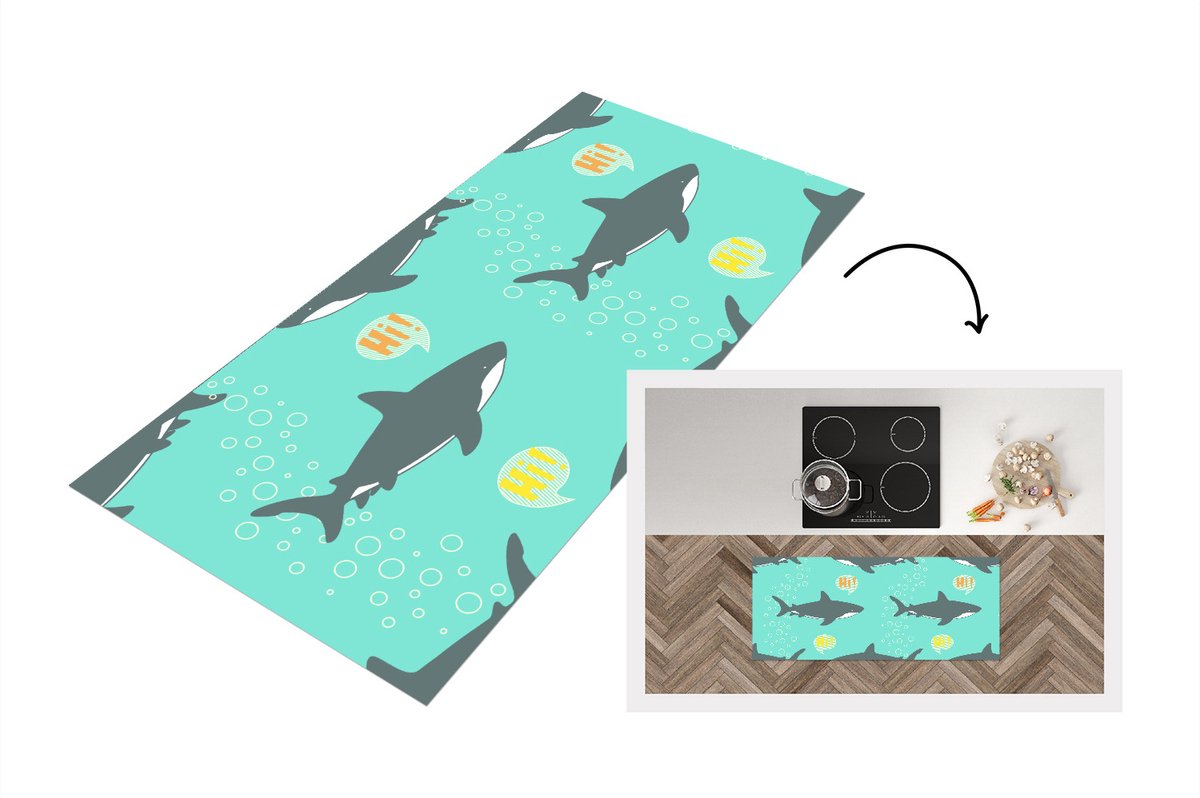 KitchenYeah Keukenloper - Loper keuken - Patronen - Water - Haai - 120x50 cm - Keukenloper vinyl Multicolor