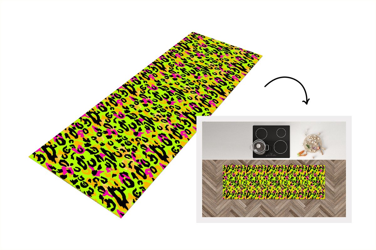 KitchenYeah Keukenloper - Loper keuken - Panterprint - Neon - Geel - 180x60 cm - Keukenloper vinyl Multicolor