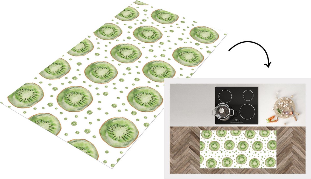 KitchenYeah Keukenloper - Loper keuken - Kiwi - Waterverf - Wit - 120x60 cm - Keukenloper vinyl Multicolor