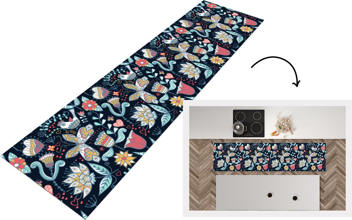 KitchenYeah Keukenloper - Loper keuken - Vlinder - Vogel - Bloem - Patroon - 200x50 cm - Keukenloper vinyl Multicolor