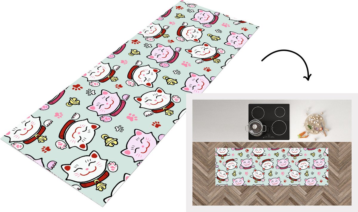 KitchenYeah Keukenloper - Loper keuken - Kat - Huisdieren - Patroon - 180x60 cm - Keukenloper vinyl Multicolor