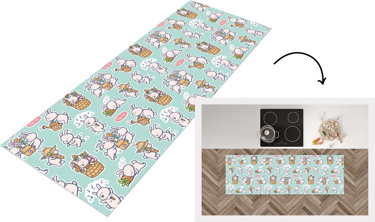 KitchenYeah Keukenloper - Loper keuken - Konijn - Tuin - Patroon - 150x50 cm - Keukenloper vinyl Multicolor