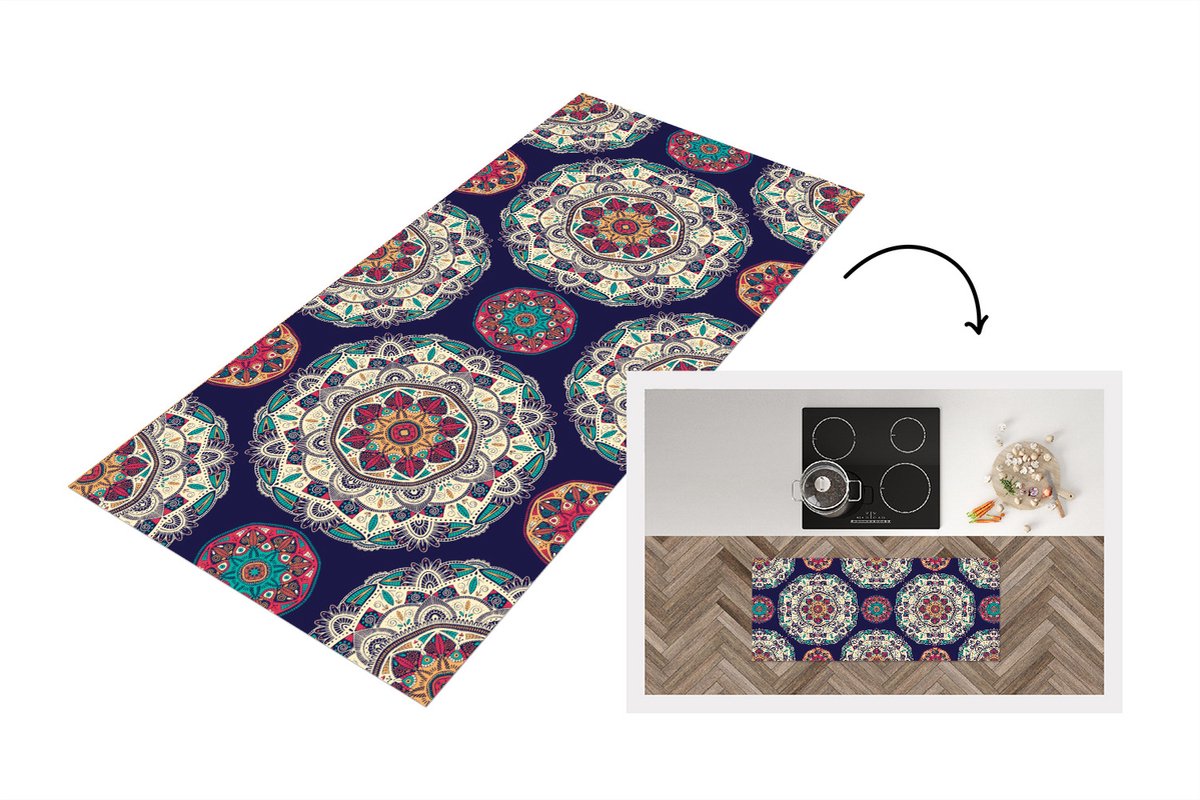 KitchenYeah Keukenloper - Loper keuken - Bohemian - Mandala - Patronen - 120x50 cm - Keukenloper vinyl Multicolor