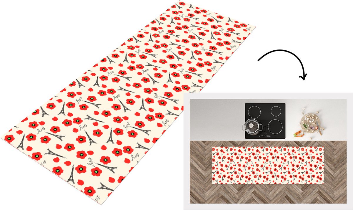 KitchenYeah Keukenloper - Loper keuken - Patronen - Parijs - Eiffeltoren - Bloemen - 180x60 cm - Keukenloper vinyl Multicolor