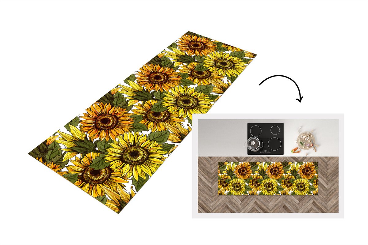 KitchenYeah Keukenloper - Loper keuken - Zonnebloem - Vintage - Design - 150x50 cm - Keukenloper vinyl Multicolor