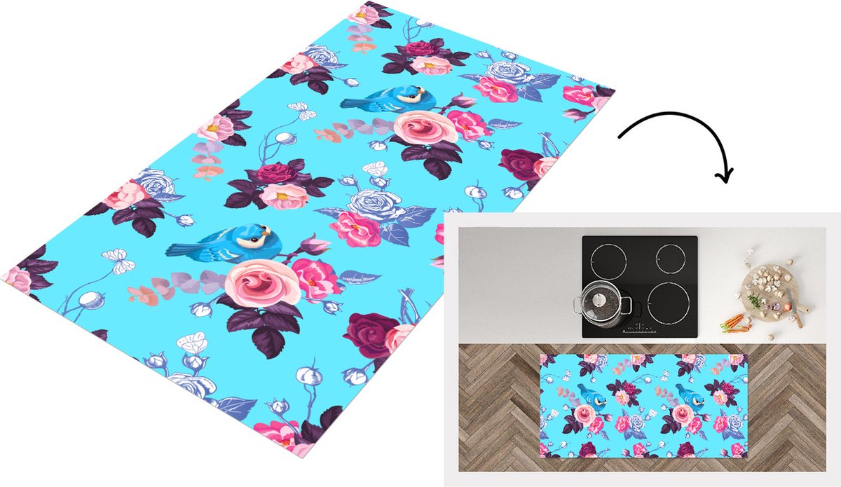 KitchenYeah Keukenloper - Loper keuken - Vogel - Bloemen - Patronen - 120x60 cm - Keukenloper vinyl Multicolor