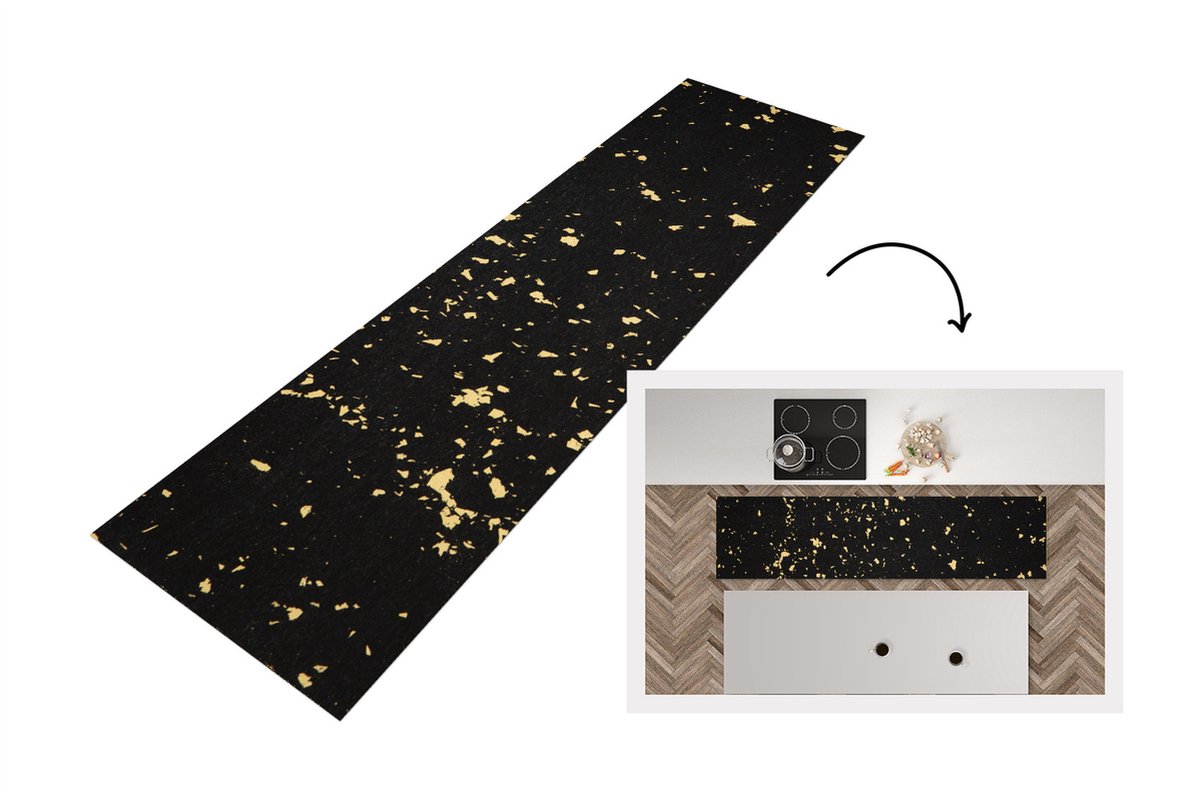 KitchenYeah Keukenloper - Loper keuken - Gouden vlokken op een zwarte achtergrond - 240x60 cm - Keukenloper vinyl Multicolor