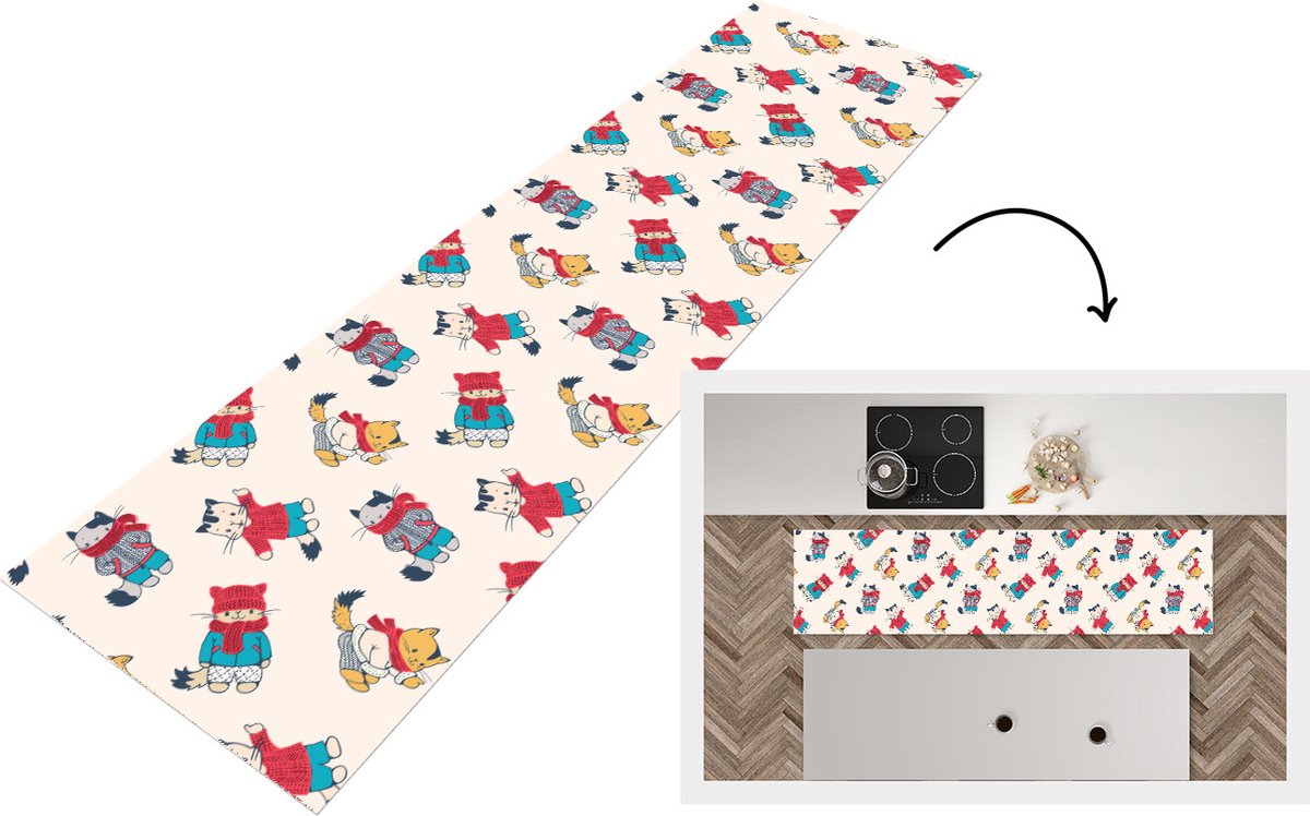 KitchenYeah Keukenloper - Loper keuken - Winter - Kat - Dieren - Patroon - 240x60 cm - Keukenloper vinyl Multicolor