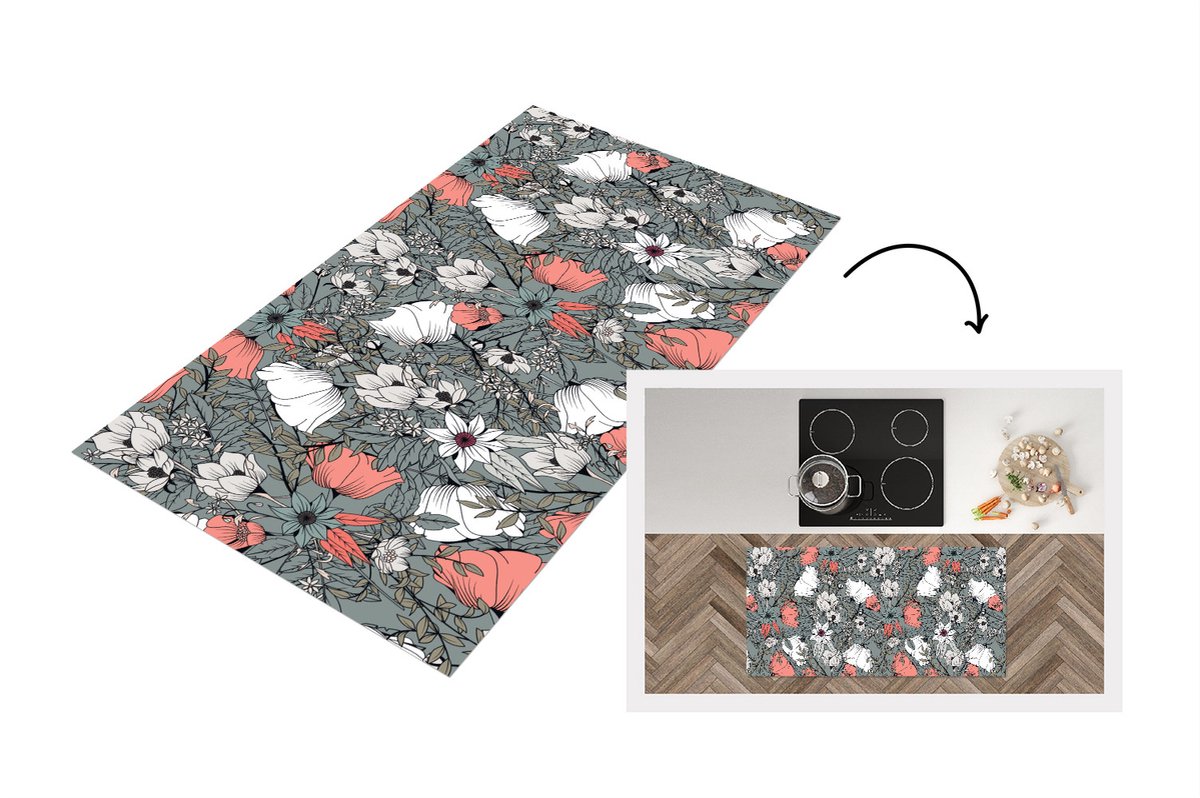 KitchenYeah Keukenloper - Loper keuken - Klaproos - Schets - Vintage - 120x60 cm - Keukenloper vinyl Multicolor