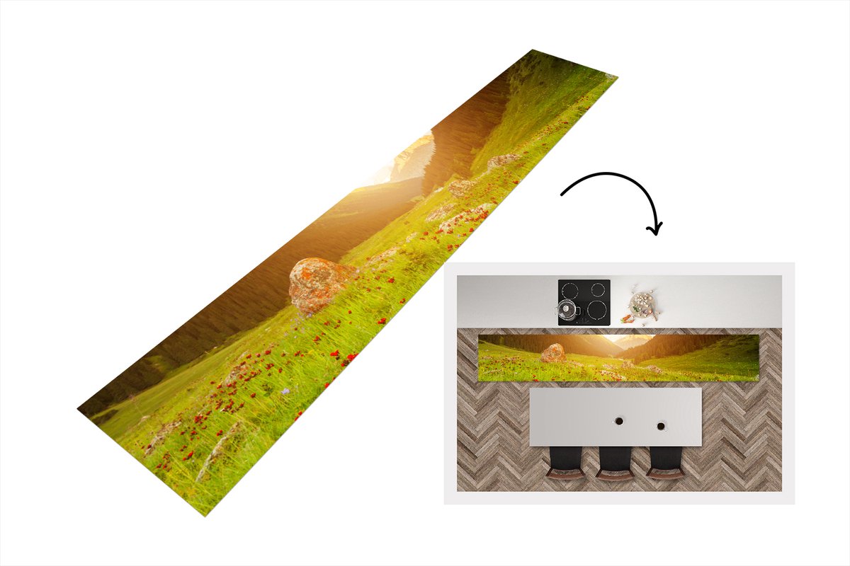 KitchenYeah Keukenloper - Loper keuken - Bloemen - Berg - Zon - Keukenloper vinyl multicolor, foto 3