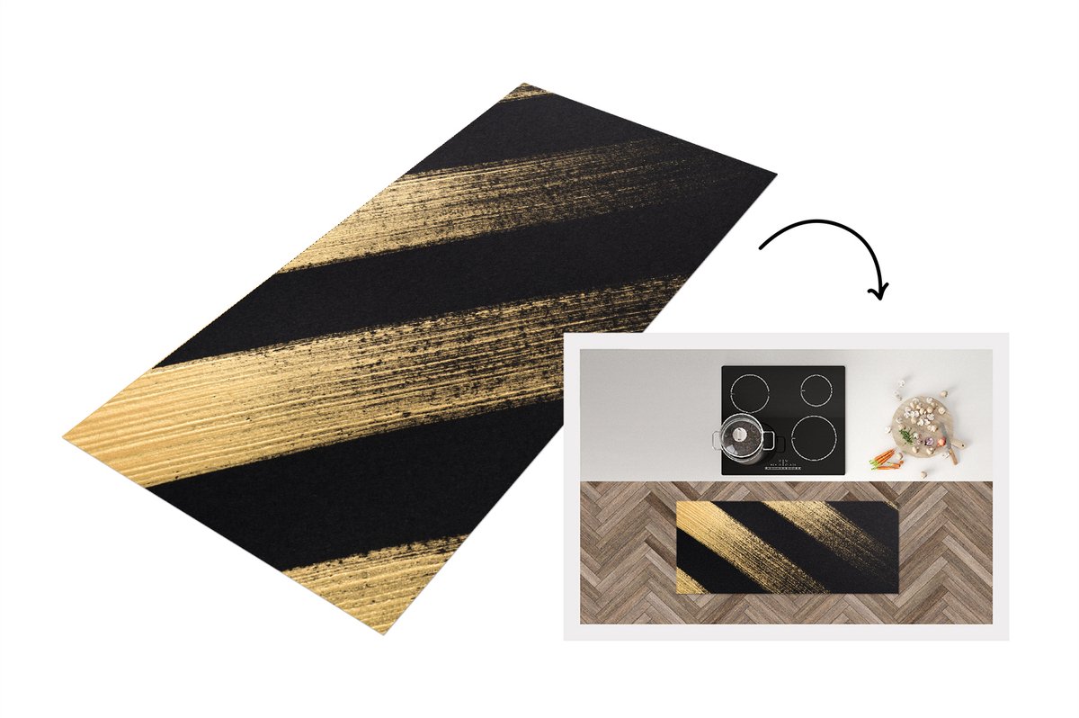 KitchenYeah Keukenloper - Loper keuken - Gouden verfstrepen op een zwarte achtergrond - 120x50 cm - Keukenloper vinyl Multicolor
