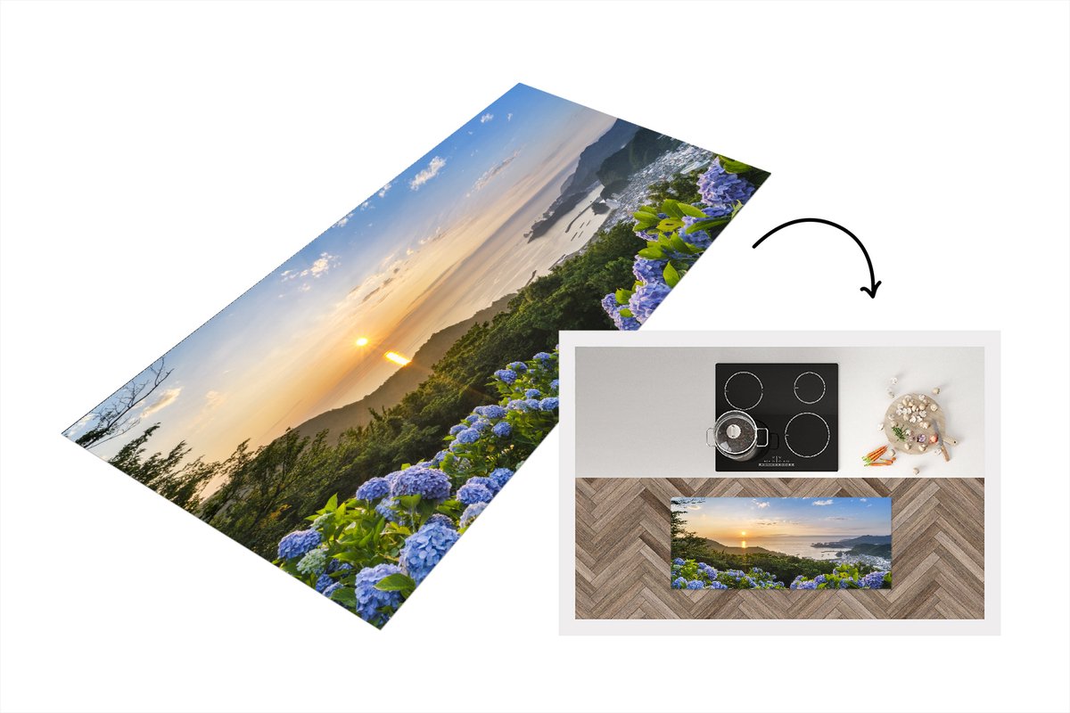 KitchenYeah Keukenloper - Loper keuken - Zonsondergang boven van hortensia bloemen - 120x50 cm - Keukenloper vinyl Multicolor