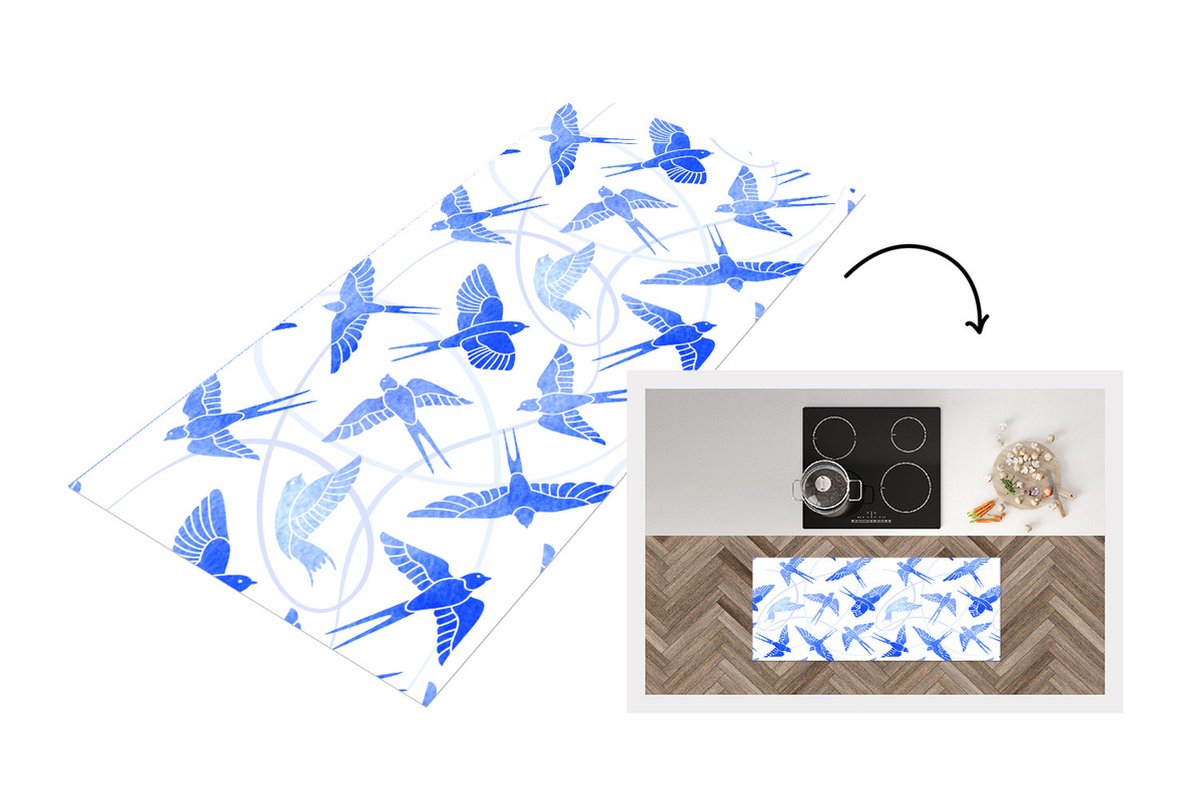 KitchenYeah Keukenloper - Loper keuken - Patroon - Blauw - Vogel - Keukenloper vinyl Multicolor