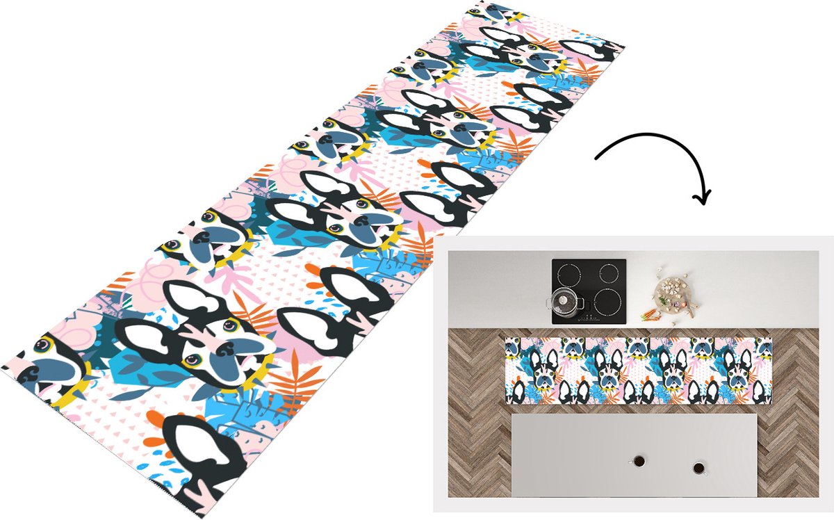 KitchenYeah Keukenloper - Loper keuken - Patronen - Hond - Plant - 200x50 cm - Keukenloper vinyl Multicolor