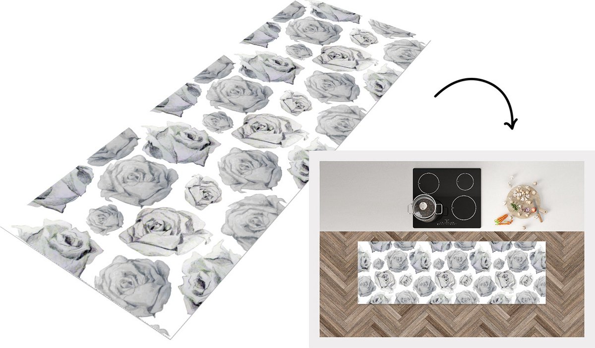KitchenYeah Keukenloper - Loper keuken - Rozen - Bloem - Zwart Wit - Patroon - 180x60 cm - Keukenloper vinyl