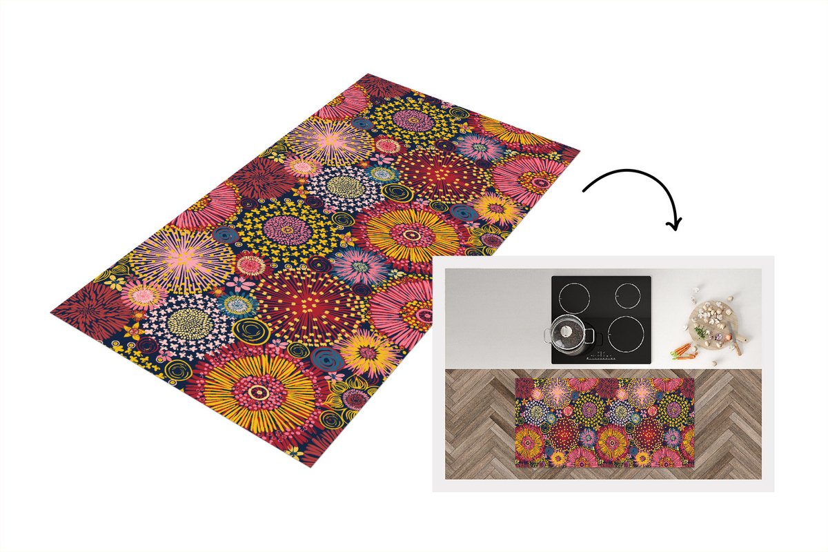 KitchenYeah Keukenloper - Loper keuken - Bloemen - Patroon - Lijn - 120x60 cm - Keukenloper vinyl Multicolor