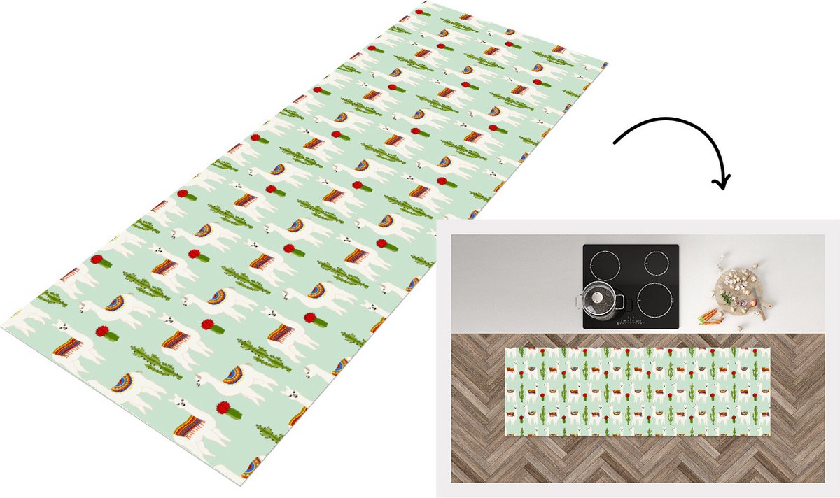 KitchenYeah Keukenloper - Loper keuken - Lama - Cactus - Patronen - 180x60 cm - Keukenloper vinyl Multicolor