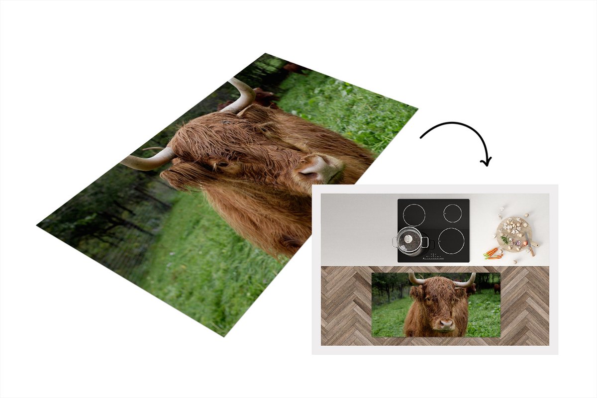 KitchenYeah Keukenloper - Loper keuken - Schotse Hooglander - Dieren - Gras - 120x60 cm - Keukenloper vinyl Multicolor