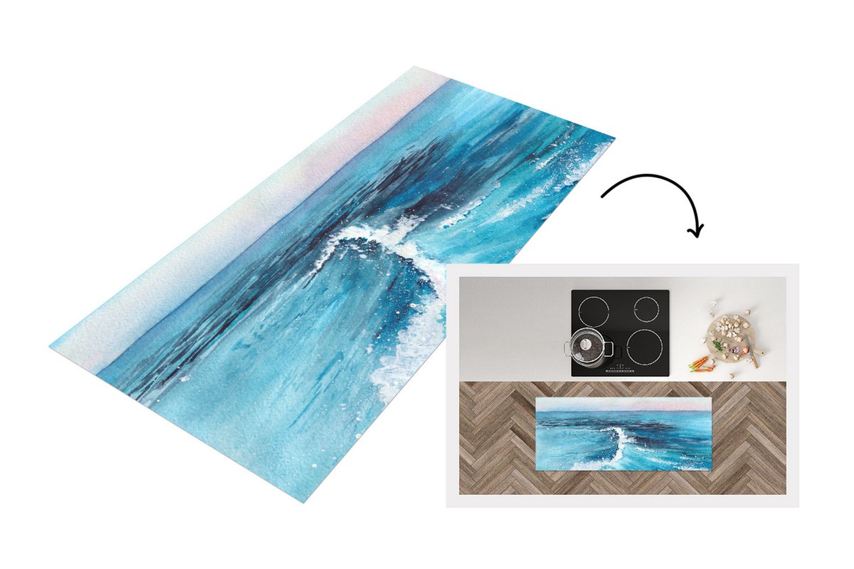 KitchenYeah Keukenloper - Loper keuken - Zee - Golf - Waterverf - 120x50 cm - Keukenloper vinyl Multicolor