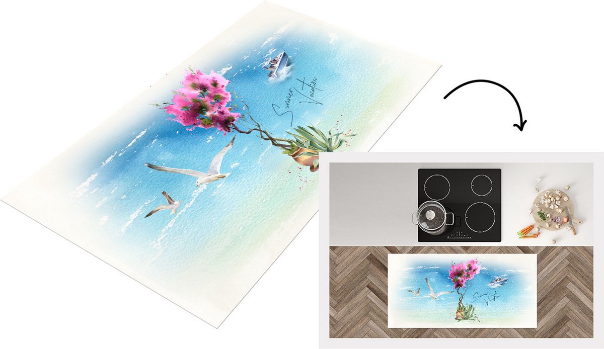 KitchenYeah Keukenloper - Loper keuken - Bloemen - Boot - Vogel - Zee - 120x60 cm - Keukenloper vinyl Multicolor